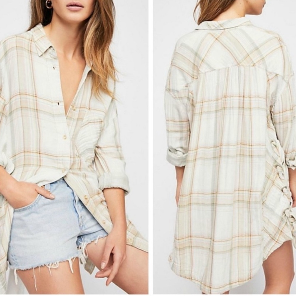 Free People Nordic Day Oversized Flannel Tie Side Button Down Size Medium